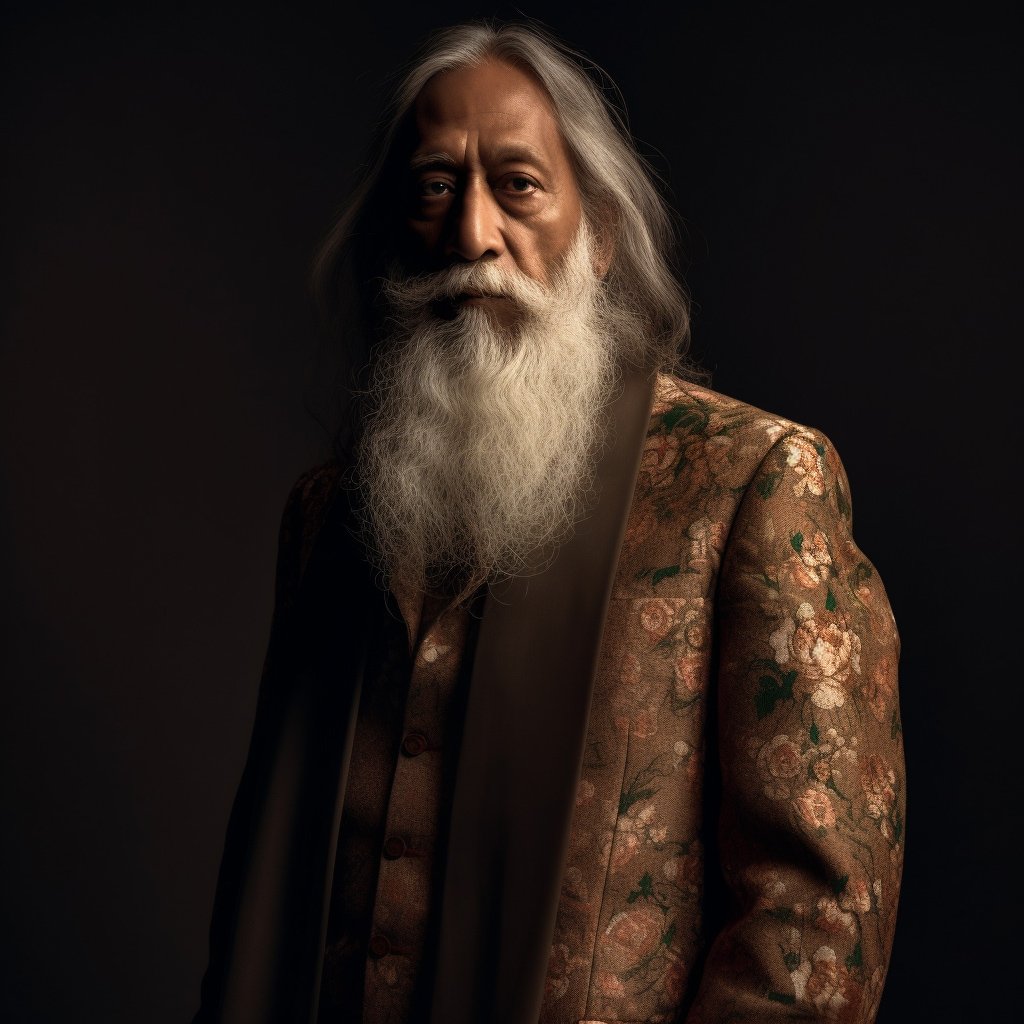 ২৫-শে বৈশাখ।

Check out this amazing pic of Rabindranath Tagore in a Gucci Summer Collection made with AI by MidJourney! Marvel at the power of creativity!
#RabindraJayanti #RabindranathTagore #MidJourney #AI #Tagore #GucciSummerCollection #Creativity #PowerOfAI