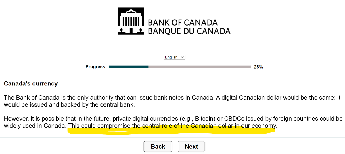 Canadians have until June 19th to weigh in on a CBDC. About 20 questions. 
They state all answers will remain private, however, they want to know where you live, postal code, age, income, gender, ethnicity, &amp; education.
Another statement: Digital currencies like #Bitcoin could