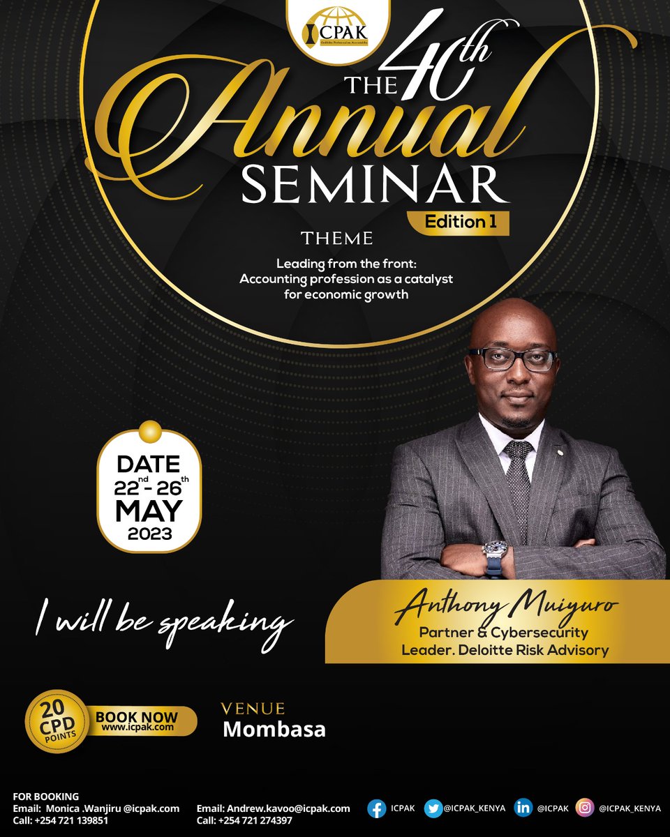We are happy to introduce <a href="/tonimuiyuro/">Tony Mwangi</a>, who will speak on transforming the Accountancy profession through technology- Big Data, Business Intelligence &amp; Internet of Things (IoT) at the #AnnualSemAt40. Do not miss; register below before time elapses. icpak.com/event/the-40th… ^NO