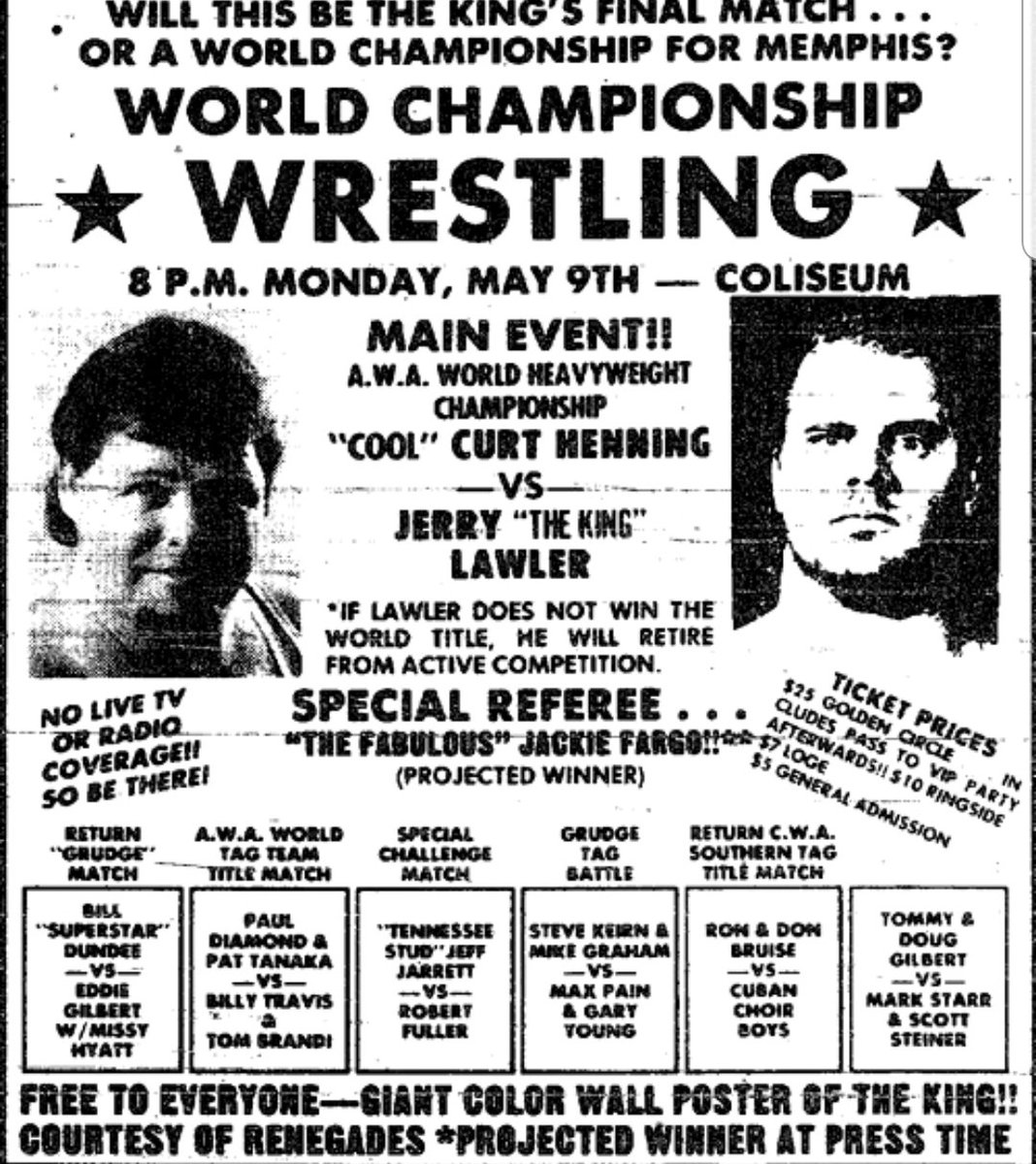 35 years ago today, on May 9, 1988, @JerryLawler finally realized his goal of winning a world title by defeating AWA world champ Curt Hennig, in Memphis. @TheJimCornette