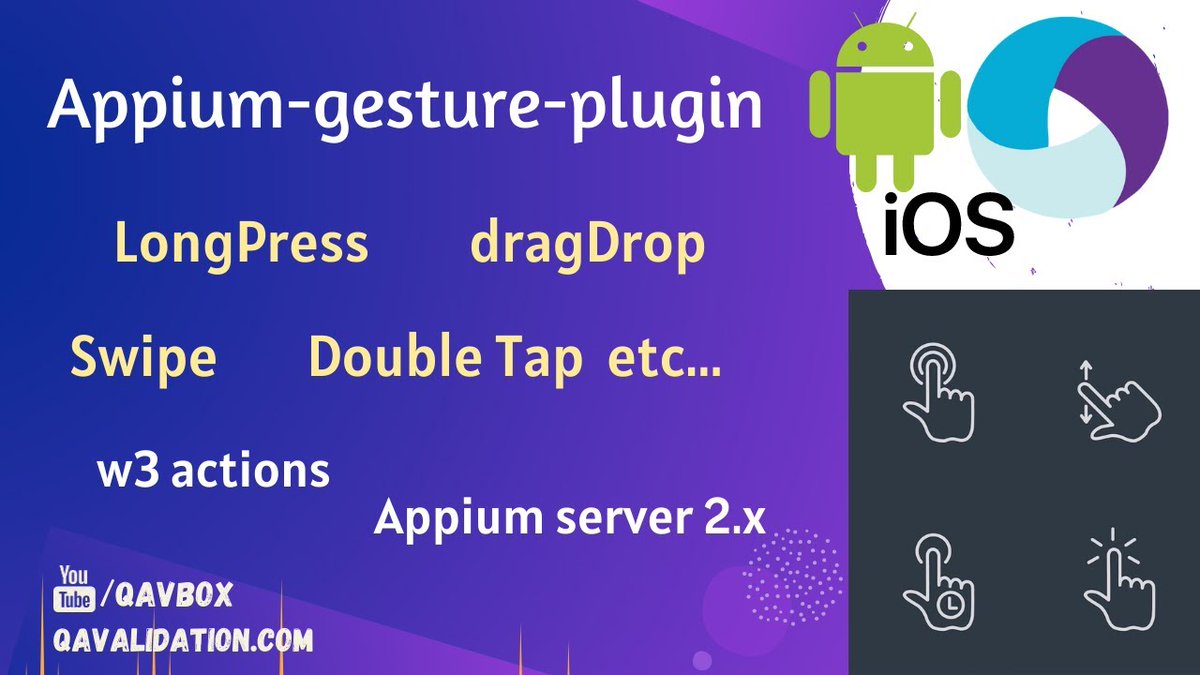 Perform #appium gestures using appium plugin appium-gesture-plugin.
This plugin supports w3 actions to perform gestures like swipe, doubletap, longpress etc...
Applicable for both #android &amp; #ios

#qavbox #mobiletesting 👇