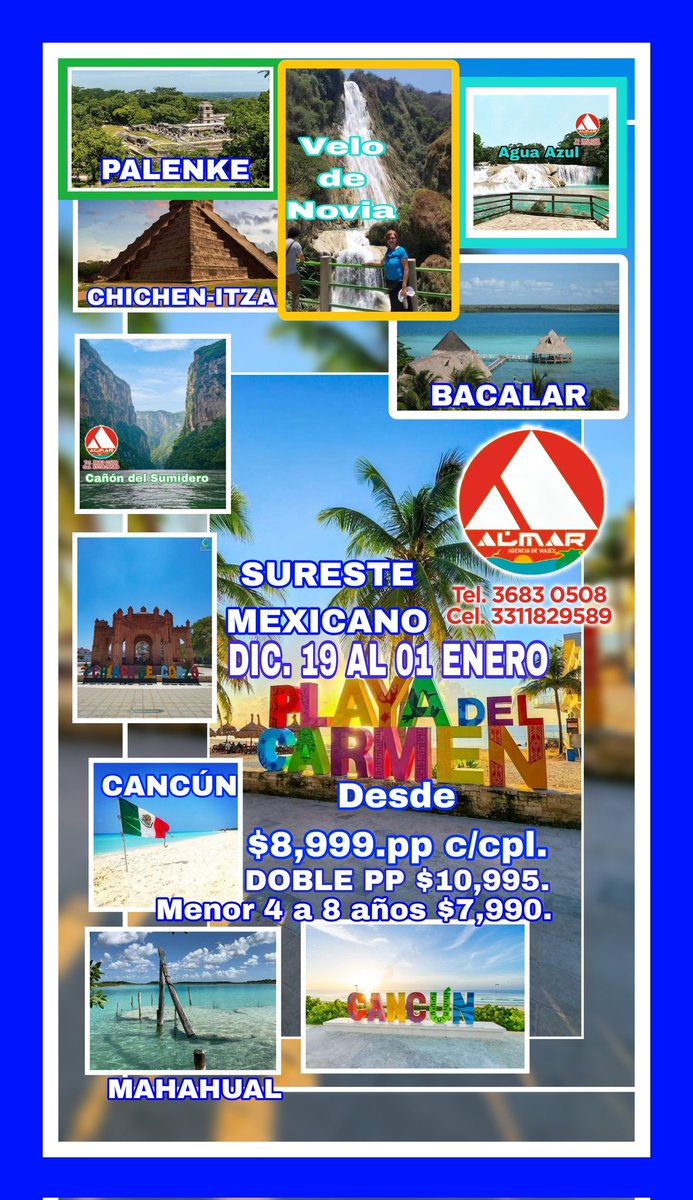 excursionesalma's tweet photo. Reserva últimos lugares TE va encantar El Sureste Mexicano 2023 Dic.19 al 02 de Enero 2024 incluye hoteleria y transporte recorridos turísticos en todos los Estados a visitar Veracruz, Chetumal,Q.Roo, Merida, Campeche Y Chiapas Cel.3311829589 reserva con $1,000 paga poco a poco https://t.co/lcnggIUEJr