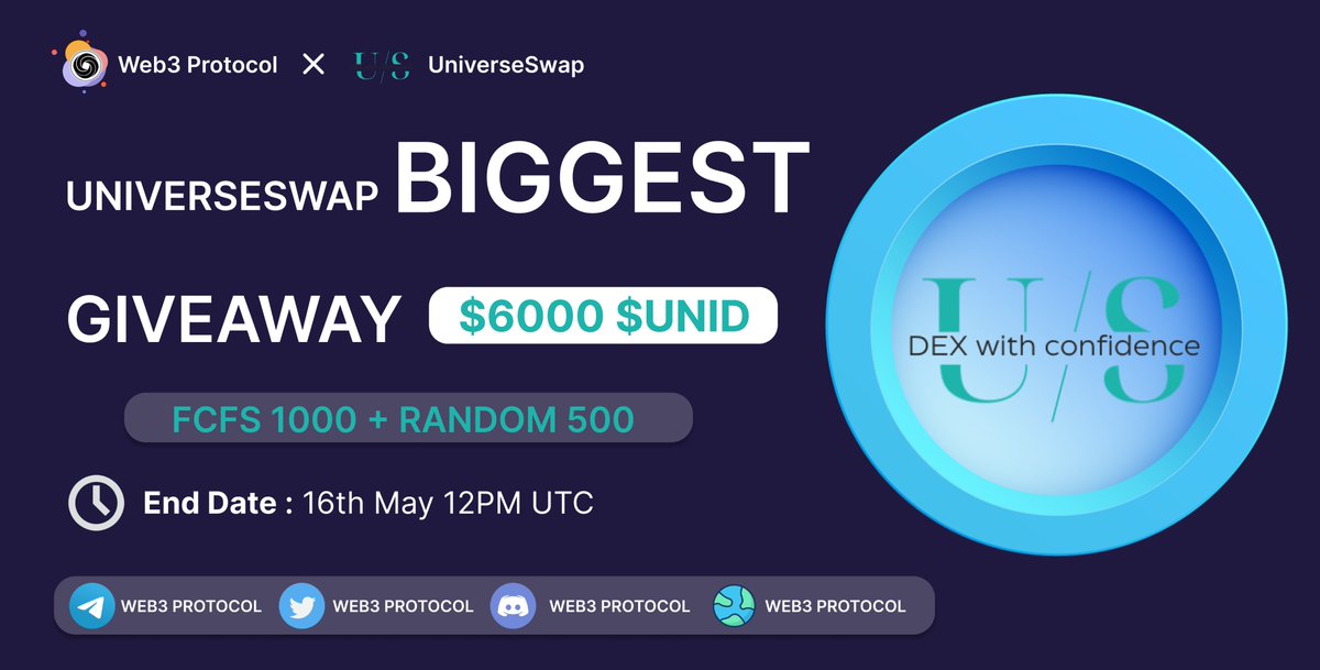 Web3 Protocol (@web3_protocol) on Twitter photo 🎉Web3 Protocol X UniverseSwap Huge Giveaway
🏆Prize Pool:- $6000 $UNID (FCFS 1000)
To Enter:-
✔️Follow <a href="/Web3_Protocol/">Web3 Protocol</a> & @universe_swap
✔️Like and RT 3 friends
✔️Fill form :- tinyurl.com/mk9uwras
#Airdrop #Giveaway #Giveaways #Universeswap 🎉Web3 Protocol X UniverseSwap Huge Giveaway
🏆Prize Pool:- $6000 $UNID (FCFS 1000)
To Enter:-
✔️Follow <a href="/Web3_Protocol/">Web3 Protocol</a> & @universe_swap
✔️Like and RT 3 friends
✔️Fill form :- tinyurl.com/mk9uwras
#Airdrop #Giveaway #Giveaways #Universeswap