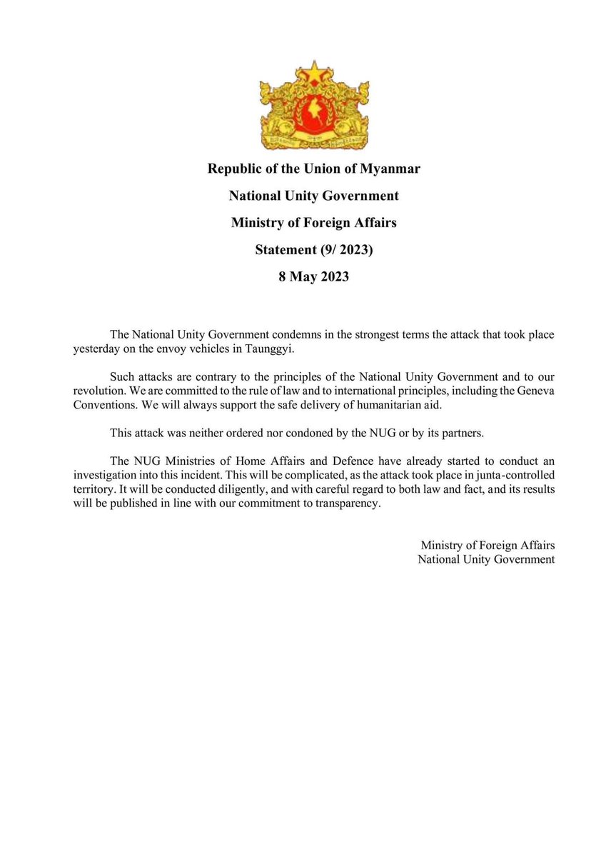 bloggernpl's tweet image. The NUG condemns in the strongest terms the attack that took place on the envoy vehicles in Taunggyi. 
#NUGMyanmar 
#MOFA