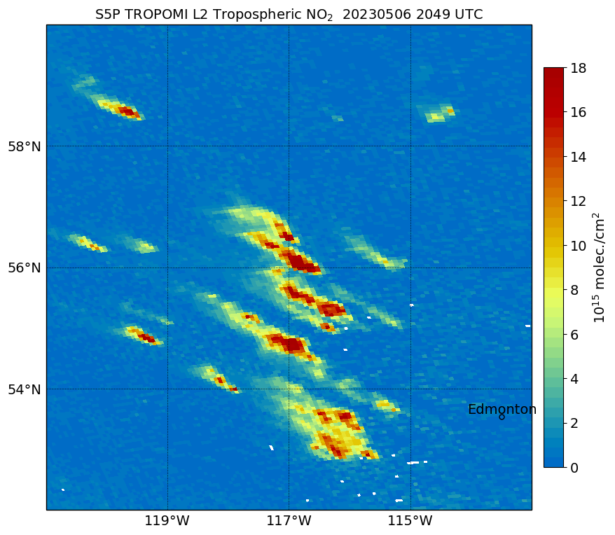 Rapid evolution of #NitrogenDioxide from the #Alberta #wildfires observed by #Sentinel5P #TROPOMI for two midday overpasses about 90 minutes apart on May 6. Highlights the need for hourly and sub-hourly @TEMPO_Mission data for monitoring wildfire #smoke plumes. #AirQuality