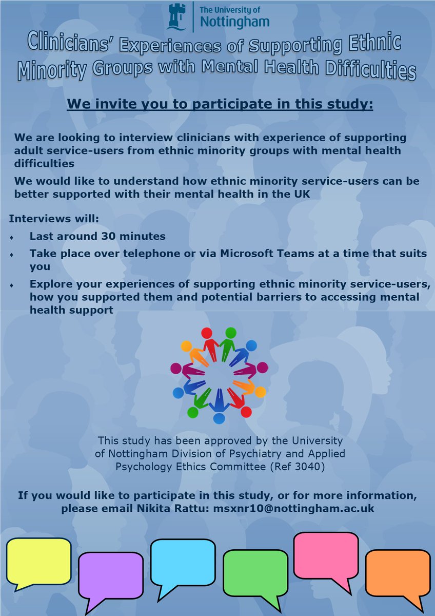 Are you a #clinician who sees #patients with #mentalhealth concerns and who identify as an #ethnicminority in #England.

We want to head your #experiences. Please participate in our #research.
#HealthcareForAll #nurses #doctors #psychologist #psychiatrist #GP #patients
Please RT.