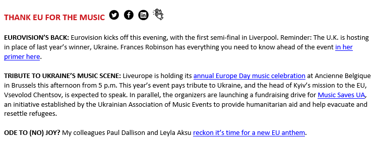 🇪🇺Happy Europe Day everyone! Today's <a href="/POLITICOEurope/">POLITICOEurope</a> Brussels Playbook offers a nice suggestion for your rainy evening. See you there? 
👉All info: liveurope.eu/events/europe-…