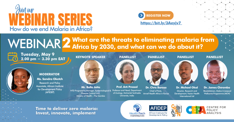 Join our webinar today at 2 pm EAT and learn from #malaria experts on the threats to eliminating malaria from Africa by 2030.

🗓️: 9 May 2023 
⏰: 2-3:30 pm EAT  

Register: bit.ly/3Aeyjv7 
More info: bit.ly/3GIuUYX

#endmalaria
