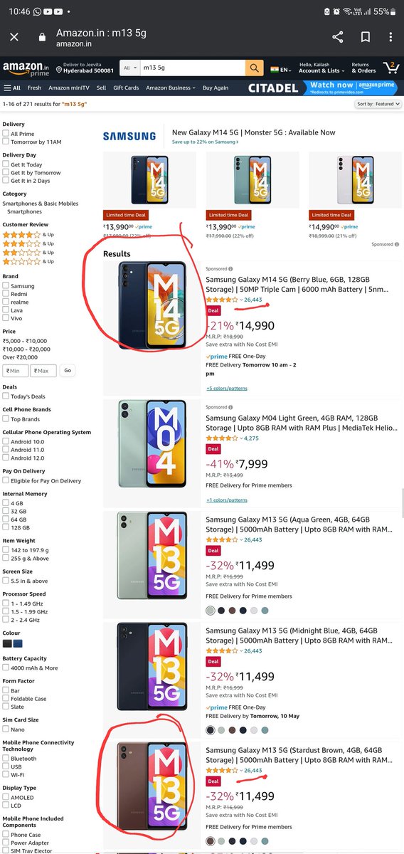 AimraIndia's tweet photo. "Alas, @SamsungIndia @SamsungMobile @Samsung @amazonIN  continue to deceive consumers with falsified or inflated ratings. How can it be that the newly launched Galaxy M14 5G, which arrived on April 2023, has acquired an identical 26,443 reviews as its predecessor M13 5G? It's high time to put a stop to such unscrupulous practices and prioritize the well-being of consumers. @rohitksingh @praveendel