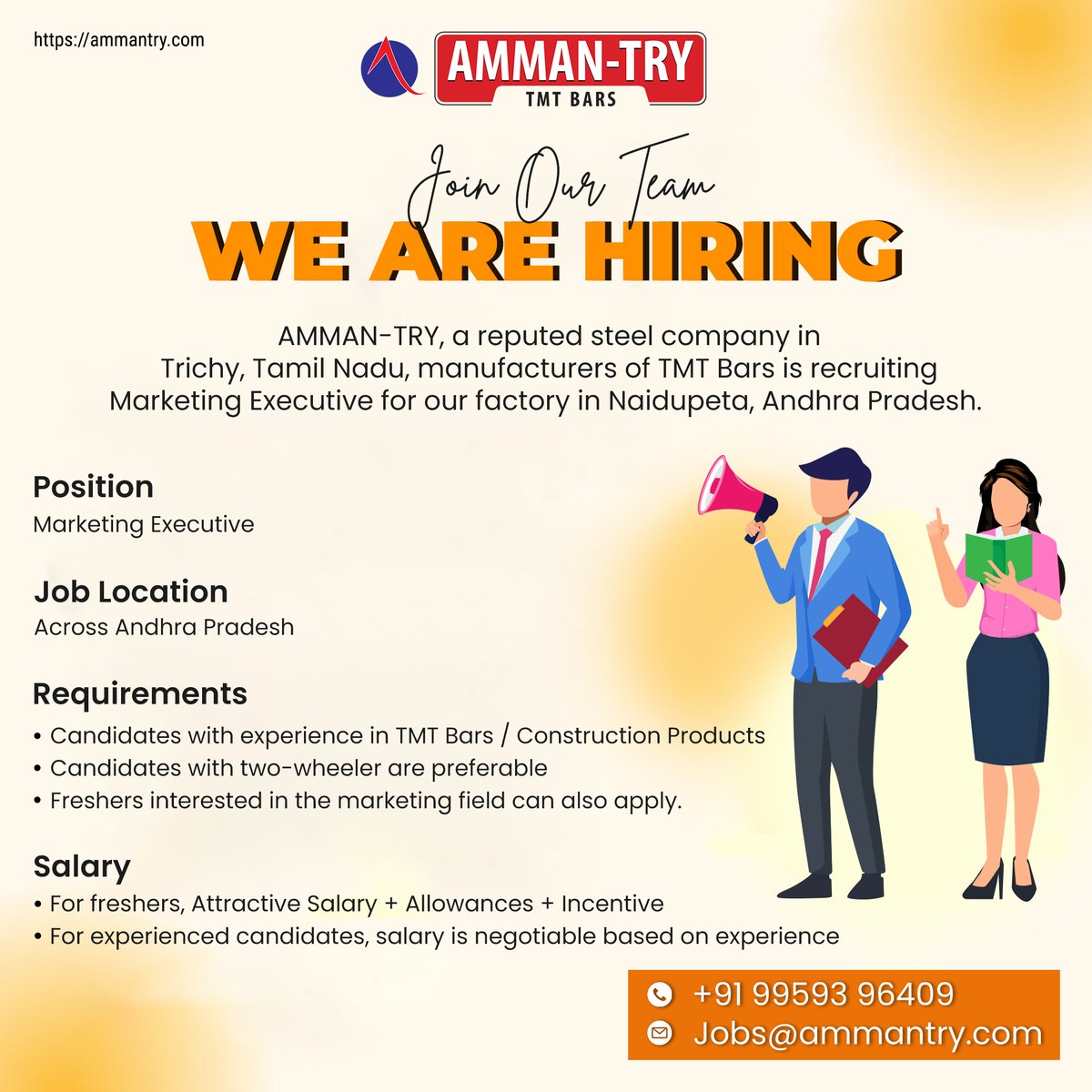 ilovetrichy's tweet photo. We are hiring for the position of Marketing Executive.
Job Location: Across Andhra Pradesh
Freshers can also apply.
Apply now to join our dynamic team.
Call: 99593 96409
Mail your CV to jobs@ammantry.com
#jobs #hiring #marketingexecutive #jobvacancy #ammantry #Naidupet https://t.co/jAJ690GUiO