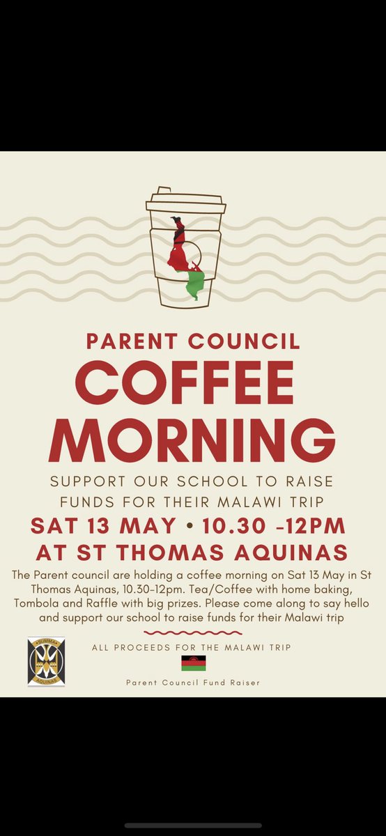 Don’t forget to come along to the school on Saturday morning for this fab event. There will be some fabulous baking and great chat! #ParentPartnership #TeamSTA #Malawi2024