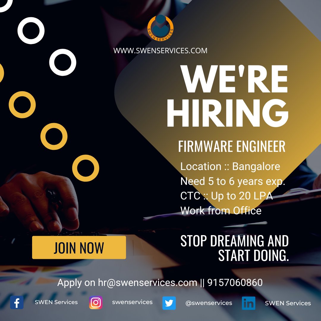 Swenservices's tweet image. #firmwareengineer
#bangalorejobs
#jobsinbangalore
#grab your chance to join best in class company for free
#nocommission #nocharges #nofees #noregistration
#call or share your #cv on 9157060860 for more details
#datascience #automation #firmwarejobs #bangaloreitjobs #itjobsindia