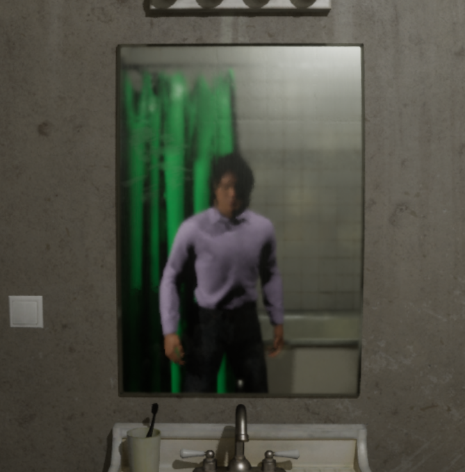 CodeLelou's tweet photo. ホラーゲームあるある
プレイヤーが鏡に映らない
UE5.1時点のLumen反射では、グラボがレイトレ未対応だと主人公が鏡に映らない(もちろんレイトレ対応でも主人公のボディが透明だと映らない)。
リアルだと百均でも鏡は買えるけど、ゲーム内の鏡はお高い。
#TPRemake #UE5 #Lumen #Reflection https://t.co/7a08BNvZHo