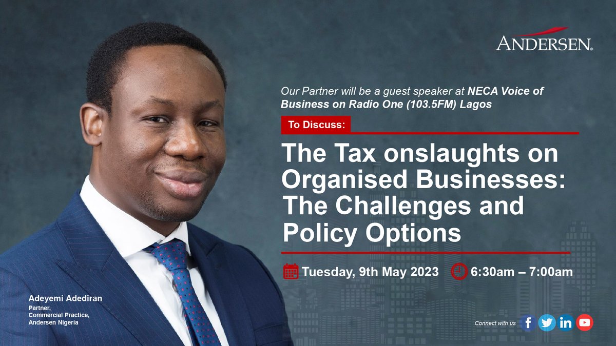 Our Partner, Adediran Adeyemi, will be a guest speaker on NECA Voice of Business at Radio One (103.5FM) Lagos at 6:30 am today. Tune in! 📻 #NECA #VoiceOfBusiness #RadioOne #Lagos #GuestSpeaker #TuneIn