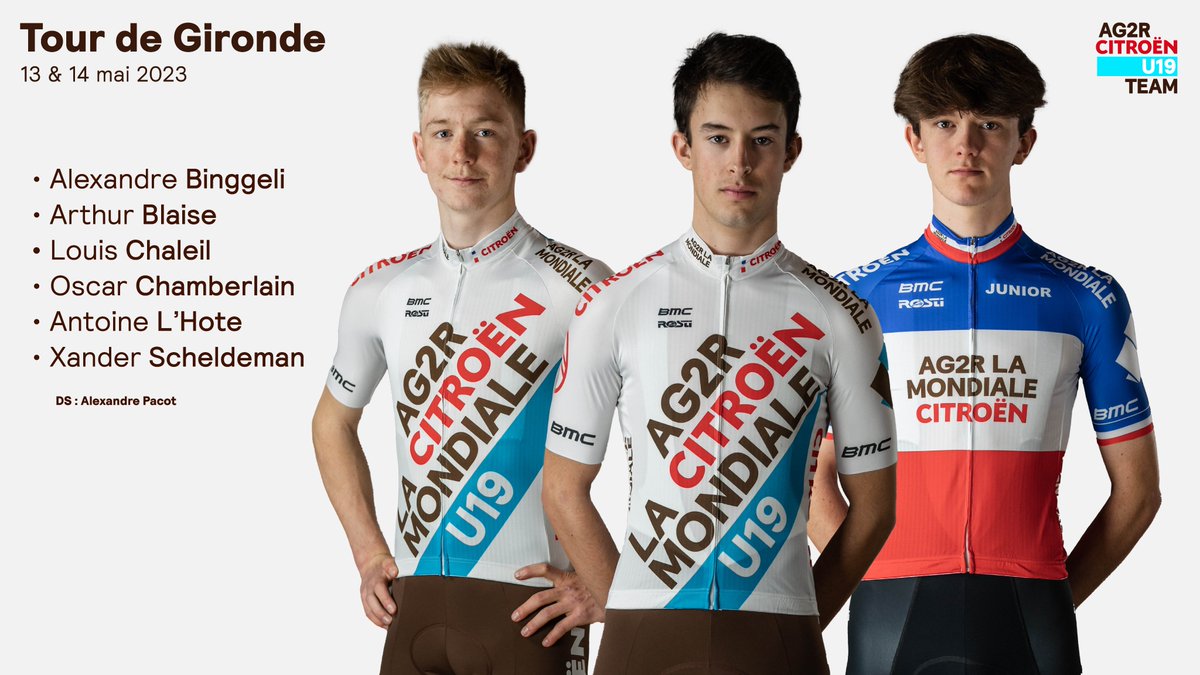 🇫🇷 Tour de Gironde <a href="/TourGironde/">Tour de Gironde</a> 
📅 13 et 14 mai 2023

🇨🇭 <a href="/AlexandreBingg/">Alexandre_Binggeli</a> 
🇫🇷 <a href="/arthurblaise_/">Arthur Blaise</a> 
🇫🇷 <a href="/LouisChaleil/">Louis Chaleil</a> 
🇦🇺 <a href="/oscarchambo/">Oscar Chamberlain</a> 
🇫🇷 <a href="/antoinelhotee/">antoine l’hote</a> 
🇧🇪 <a href="/Xscheldeman/">Xander Scheldeman</a> 

DS <a href="/Pacotalexandre/">Alexandre Pacot</a>