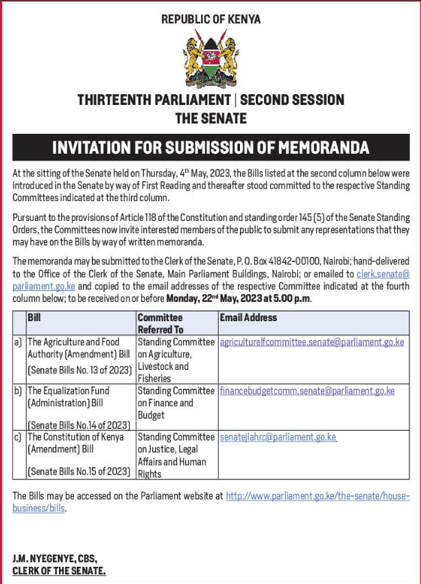 MzalendoWatch's tweet photo. The Senate is inviting members of the public to submit their views on the following Bills:
1. The Constitution of Kenya (Amendment) Bill, (Senate Bills No. 15 of 2023)
2. The Equalization Fund (Administration) Bill, (Senate Bills No. 14 of 2023.
3. The Agriculture and Food Authority (Amendment) Bill (Senate Bills No. 13 of 2023)
#PublicParticipationKE
#Dokeza