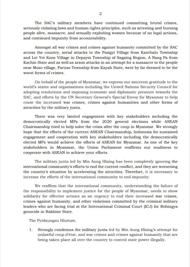 CrphMyanmar's tweet photo. 📍RESOLUTION by the Myanmar Union Parliament's Special Session 

📢 #Myanmar Elected Lawmakers call for #ACTIONS  to the International Community including the United Nations and ASEAN in order to end the military junta’s war crimes and crimes against humanity. https://t.co/LMZzZ1FTsy