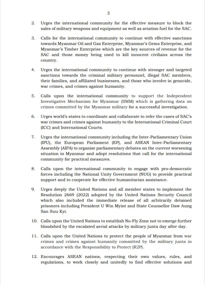 CrphMyanmar's tweet photo. 📍RESOLUTION by the Myanmar Union Parliament's Special Session 

📢 #Myanmar Elected Lawmakers call for #ACTIONS  to the International Community including the United Nations and ASEAN in order to end the military junta’s war crimes and crimes against humanity. https://t.co/LMZzZ1FTsy