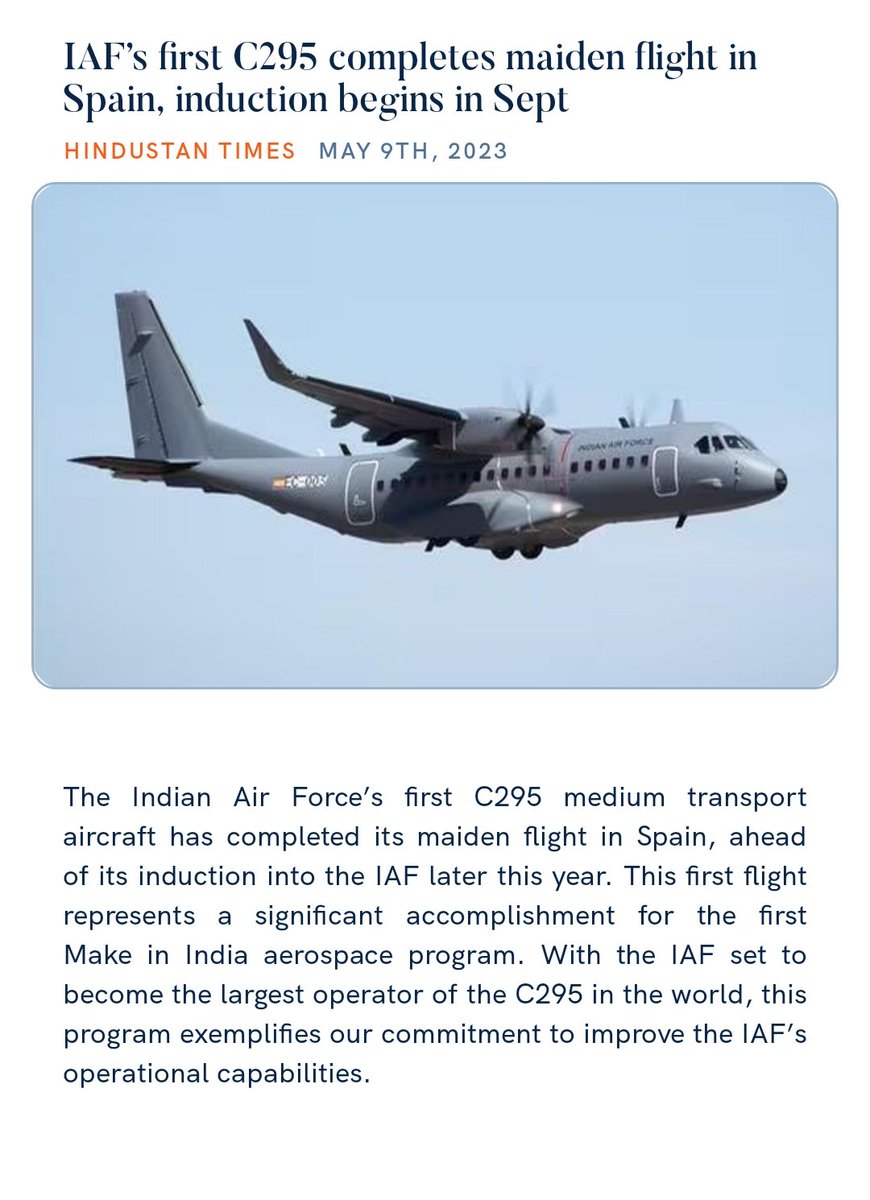 PMO India on Twitter "IAF’s first C295 completes maiden flight in Spain, induction begins in