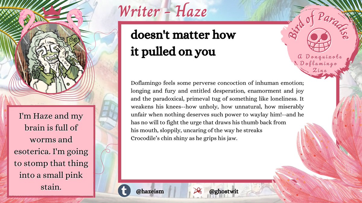 🦩 CONTRIBUTOR SPOTLIGHT 🦩

Joining us on the writer side, we have HAZE!