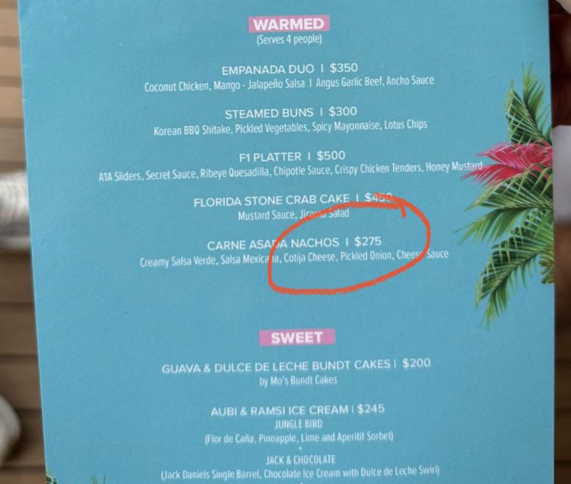WallStreetMav's tweet photo. Recession? What recession?

Food prices at Miami F1 Grand Prix. 

$250 nachos ...... ⚠️ ⚠️ ⚠️ https://t.co/W8m3asiNnc