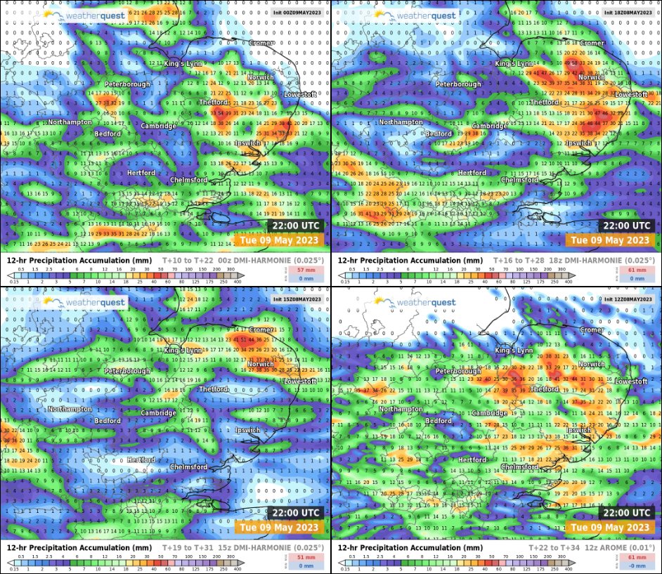 EAST: A potentially lively afternoon as a number of heavy showers and thunderstorms develop, most widespread late afternoon into the evening hours. Scope for very locally >50mm, but as you can see from these 4 models a lot of uncertainty about where. Use apps with caution! ⛈️