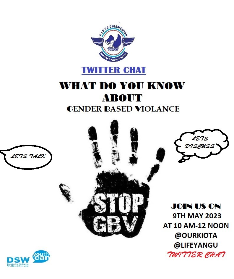 Let have the conversation on what you understand about GENDER BASED VIOLANCE?. today on 9th may 2023 at exactly 10 am.
#youthsforchange
#informationispower
<a href="/OurKiota/">Knowledge In Our Tunnel Of Art(Kiota) CBO</a> <a href="/lifeyangu/">Hustle Yangu Life Yangu</a>