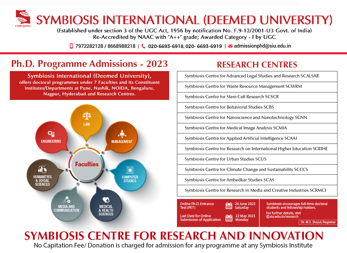 Unlock your potential with Symbiosis International's Ph.D. Programme Admissions 2023! 

Join us on 24th June for the Ph.D. Entrance Test (PET) and take your first step towards a rewarding academic career. 

#SymbiosisPhD2023 #DoctoralProgramme #HigherEducation