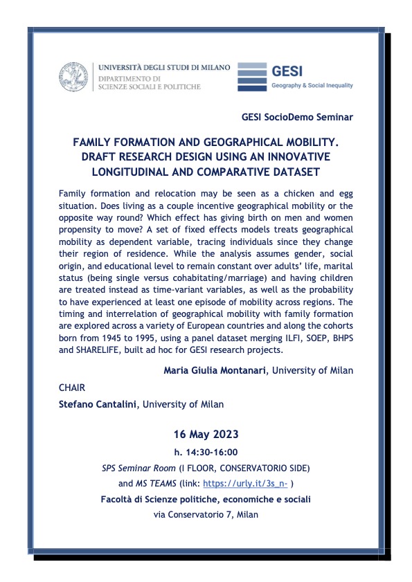 gesi_project's tweet photo. Save the date for the #GesiSocioDemo_Seminar on Tuesday 16 May, at 2:30pm with @MariaGiuliaMont 
at @LaStatale!
SPS Seminar Room (I FLOOR, CONSERVATORIO SIDE – via Conservatorio 7, Milan)
and MS TEAMS (link: https://t.co/Nd67ZCKL9o) https://t.co/tmau8rPKmz