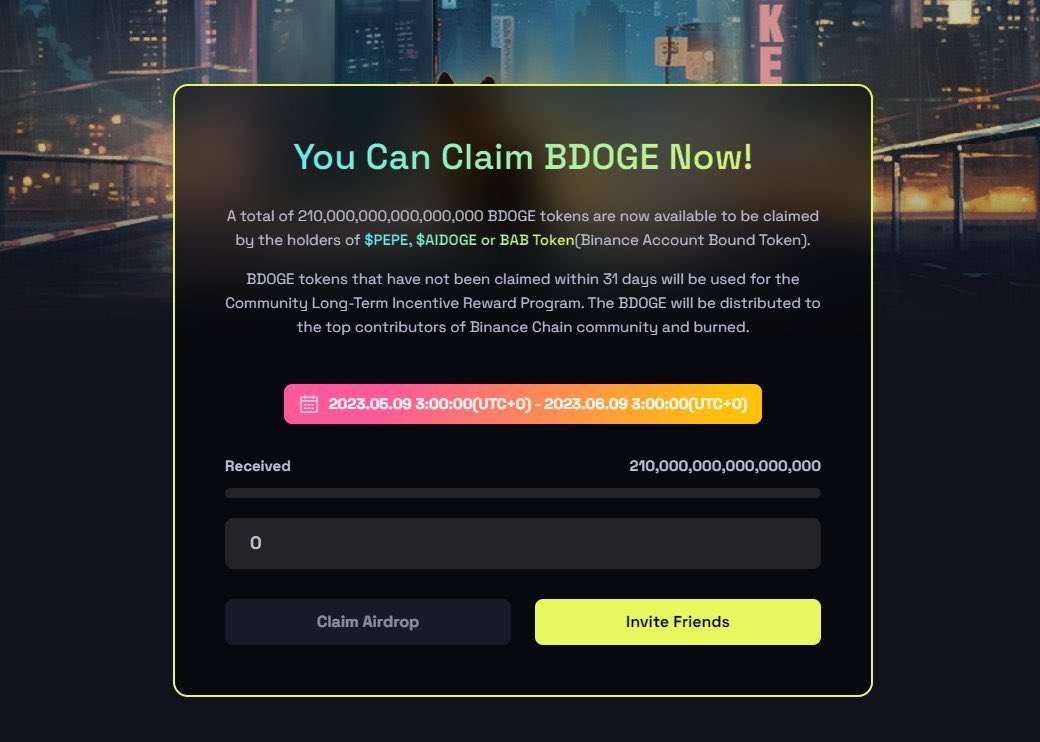 📣Ví nào có nắm giữ AIDOGE hoặc PEPE hoặc hold BABT của Binance thì vào claim $BDOGE ~7$ (chain BSC)

✔️Link: bnbdoge.ai/?i=0x346010373…

➡️Linkswap: pancakeswap.finance/swap?outputCur…

➡️Chart: dexscreener.com/bsc/0x6c2eb105…