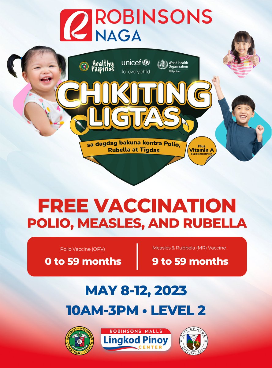 CHIKITING LIGTAS SA ROBINSONS NAGA 👶💉 | Heads up! We have also started our #ChikitingLigtas vaccination program at Robinsons Naga yesterday, which will continue until May 12, 2023. Get your kids vaxxed against polio, measles, & rubella!

 #HealthyPilipinas #NagaNa