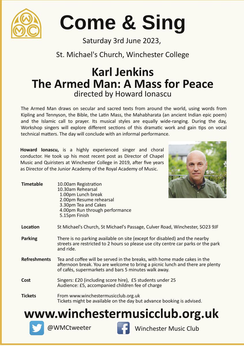 @WMCtweeter (@wmctweeter1) on Twitter photo Come and Sing The Armed Man on Sat 3rd June. St Michaels Church <a href="/WinCollMusic/">Music Department</a> Directed by Howard Ionascu the workshop followed by run through performance starts at 10.30am. Come and Sing The Armed Man on Sat 3rd June. St Michaels Church <a href="/WinCollMusic/">Music Department</a> Directed by Howard Ionascu the workshop followed by run through performance starts at 10.30am.