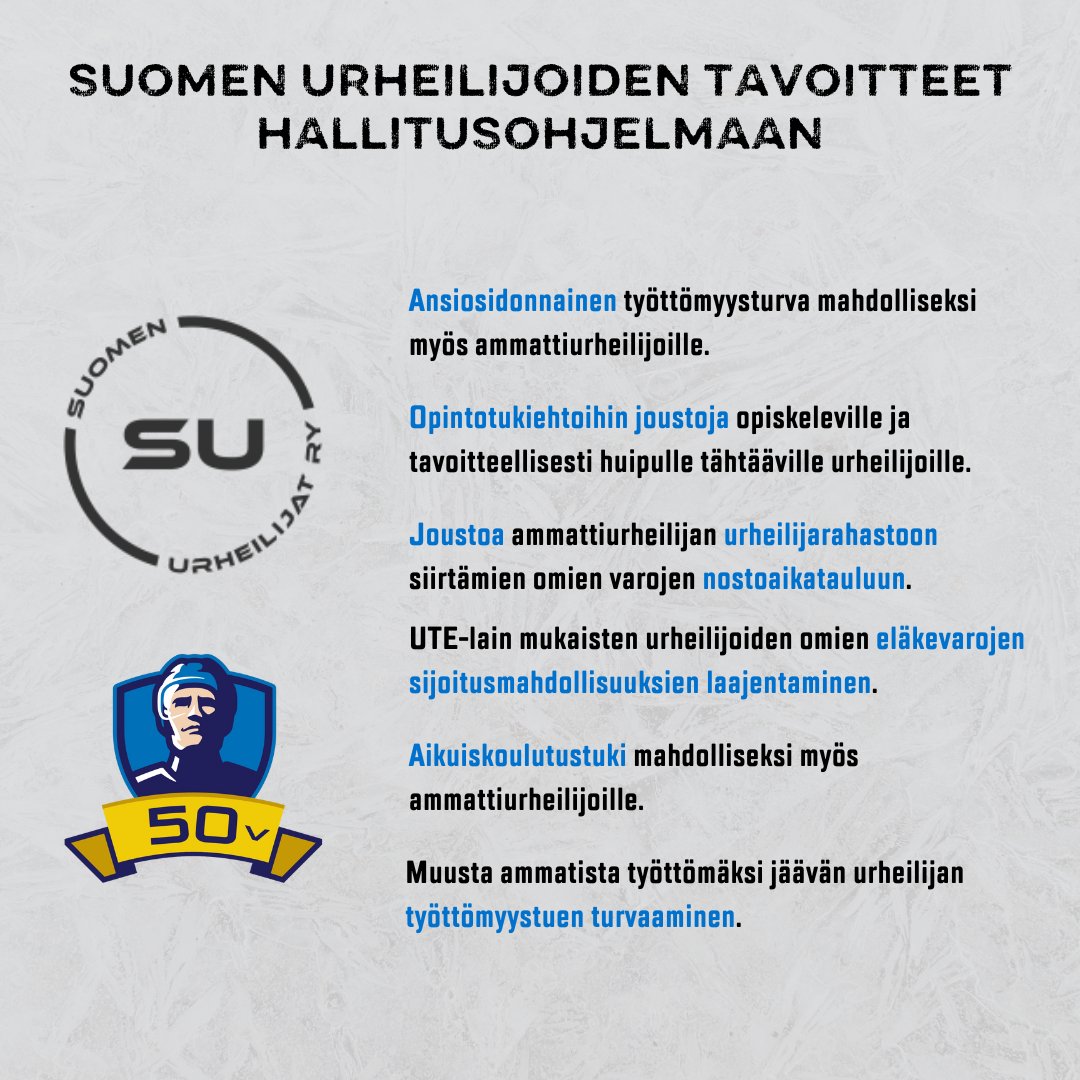 Suomen Urheilijat on laatinut kuusi tavoitetta uuden hallituksen tulevaan hallitusohjelmaan. Jääkiekon Pelaajayhdistys seisoo näiden tavoitteiden takana. 🤝 Nyt on oikea aika kohentaa urheilijoiden asemaa ja toimeentuloturvaa! #SJRY #SuomenUrheilijat #UrheilijoidenÄäni