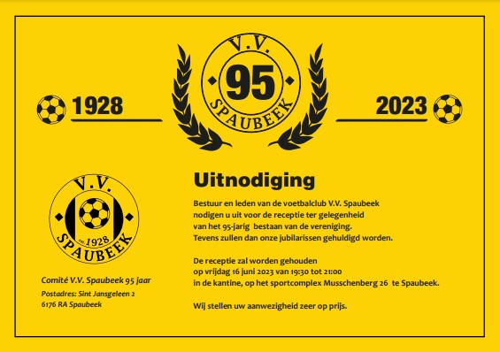 2023 is een bijzonder jaar voor onze vereniging. We vieren dit jaar namelijk ons 95-jarig jubileum! En daar hoort uiteraard een receptie bij.

Op vrijdag 16 juni is iedereen van harte welkom om onze receptie te bezoeken. Lees verder:

vvspaubeek.nl/2023/05/08/jub…