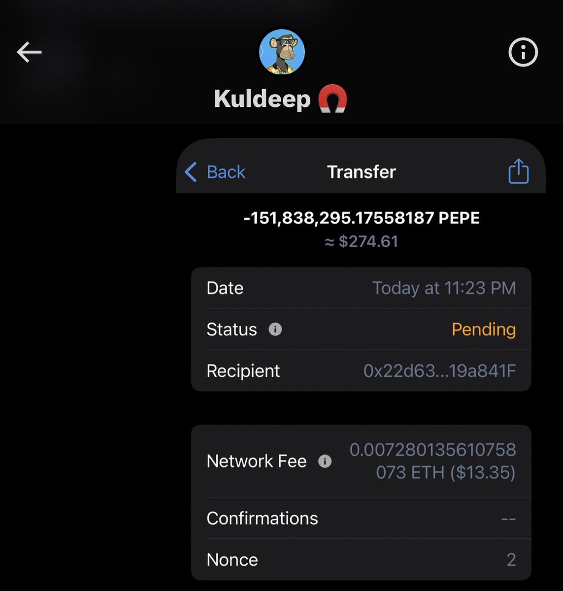 Ashcryptoreal's tweet image. $400 $PEPE ( now worth $280 ) is distributed to the winner KULDEEP 🚀
