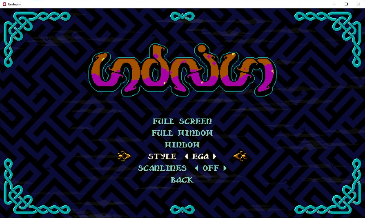 EricRetro's tweet photo. A little test of Undrium's content update feature, seems to work ok. This downloads a new EGA style, courtesy of @Roobar_Plays. The feature isn't currently available on the Mac version, ran into some technical issues. #undrium #gamedev #monogame #indiedev #pixelart #zxspectrum https://t.co/KucBXnJGy3