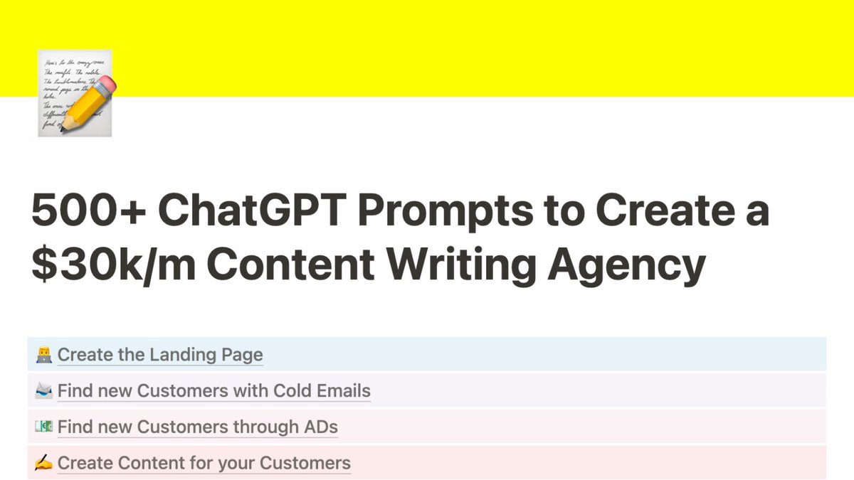 Content Marketing Agencies are making $30k/m writing articles

I've listed the best prompts to..

Create your Landing Page
Find new Customers
Deliver Content
... and much more

Just RT &amp; comment "agency"
and I'll DM it for free

(must be following)