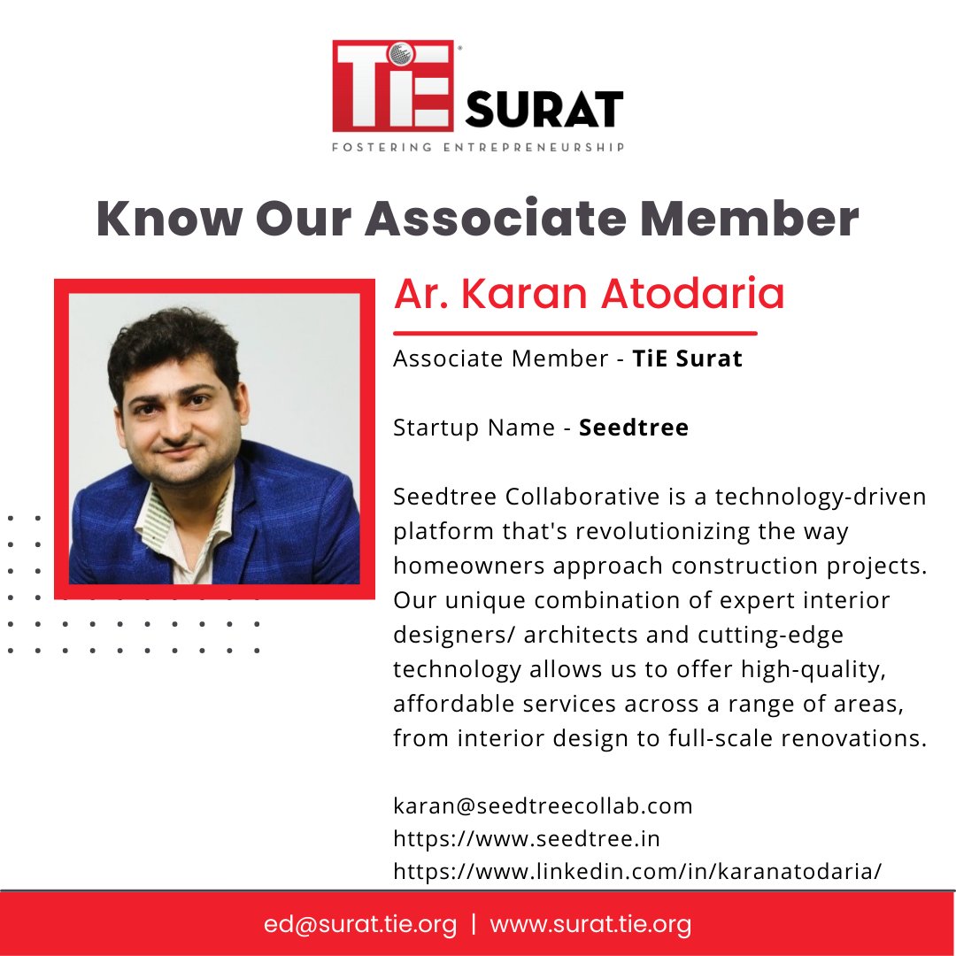 TiE Surat - KNOW OUR ASSOCIATE MEMBER

Founder Name - Ar. Karan Atodaria

Startup Name - Seedtree

#startup #construction #interiordesign #technology #architects #entrepreneur #tie #tiesurat #tiecon #surat #business