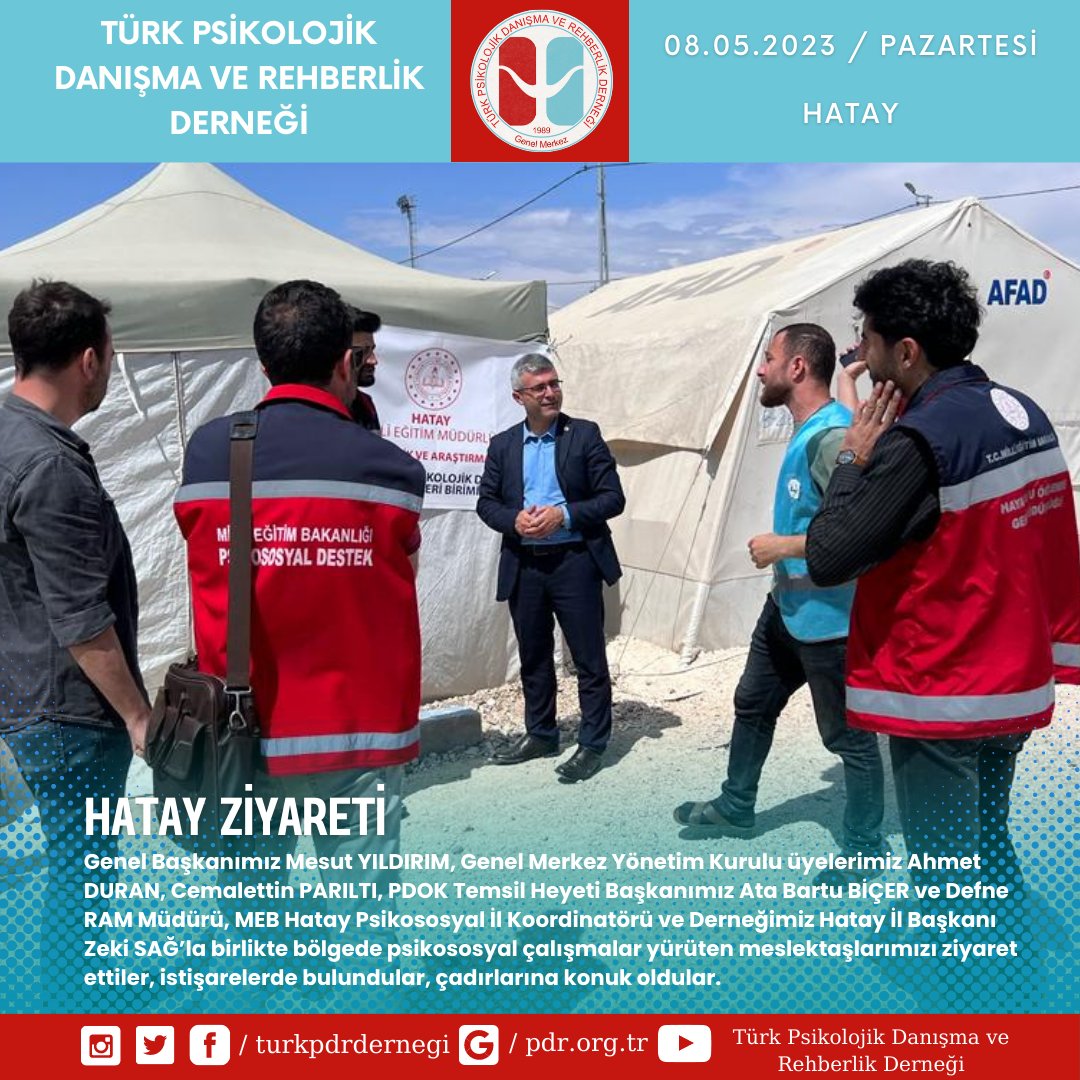 turkpdrdernegi's tweet photo. Genel Başkanımız Mesut YILDIRIM, Genel Merkez Yönetim Kurulu üyelerimiz Ahmet DURAN, Cemalettin PARILTI, PDOK Temsil Heyeti Başkanımız Ata Bartu BİÇER ve Defne RAM Müdürü, MEB Hatay Psikososyal İl Koordinatörü ve Derneğimiz Hatay İl Başkanı Zeki SAĞ’la birlikte bölgede psikososyal çalışmalar yürüten meslektaşlarımızı ziyaret ettiler, istişarelerde bulundular, çadırlarına konuk oldular. Meslektaşlarımızın özverili çalışmalarına tanık oldular.

Zeki SAĞ başkanımıza, yönetim kuruluna, MEB bünyesinde psikososyal çalışmaları koordine eden, hizmeti yürüten değerli meslektaşlarımıza çok teşekkür ederiz.

@turkpdrdernegi 
@mesutyldrm_pdr 
@pdrogrencileri 
@turkpdrhatay