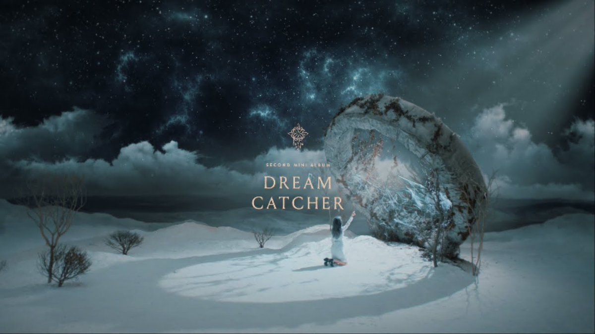 Album cover for Dream Catcher's 'Second Mini Album' showing a figure in white reaching toward a large crescent moon-like structure under a starry night sky, with the text 'DREAM CATCHER' in gold.