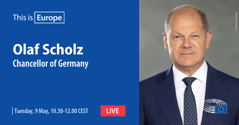EP TODAY #ThisIsEurope debate with @Bundeskanzler Olaf Scholz From 10.30 Chancellor Scholz will discuss Europe’s challenges and future. Beforehand, @EP_President Metsola will make a statement to mark Europe Day. Metsola and Scholz will hold a press point at 10.20 1/