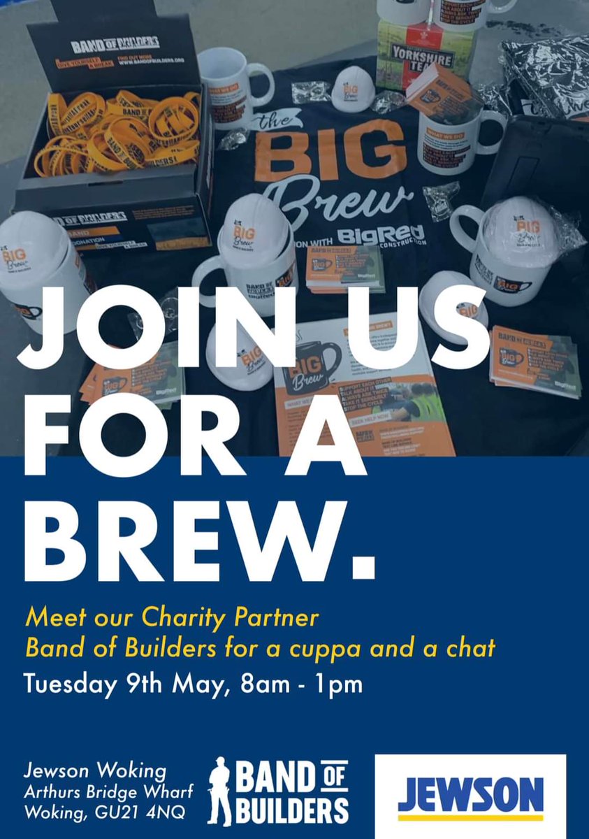 bandofbuilders's tweet photo. Join us today at @Jewson Woking who are hosting a #BigBrew event to help raise awareness on the stigma that surrounds mental health in the construction industry. 

You can access a range of free services via our website, find out more: https://t.co/gX1BnRZyER https://t.co/56Ard2hN1C