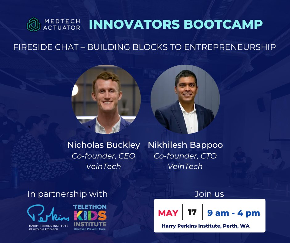 MedTech Actuator (@medtechactuator) on Twitter photo Join <a href="/VeinTech_AU/">VeinTech</a> CEO <a href="/NickBuckleyPT/">Nick Buckley</a> and CTO <a href="/NikBappoo/">Nik Bappoo</a> for a fireside chat on "Building Blocks to Entrepreneurship" at the Innovators Bootcamp in Perth on May 17th from 9am to 4pm AWST. Register now- events.humanitix.com/medtech-actuat… Join <a href="/VeinTech_AU/">VeinTech</a> CEO <a href="/NickBuckleyPT/">Nick Buckley</a> and CTO <a href="/NikBappoo/">Nik Bappoo</a> for a fireside chat on "Building Blocks to Entrepreneurship" at the Innovators Bootcamp in Perth on May 17th from 9am to 4pm AWST. Register now- events.humanitix.com/medtech-actuat…