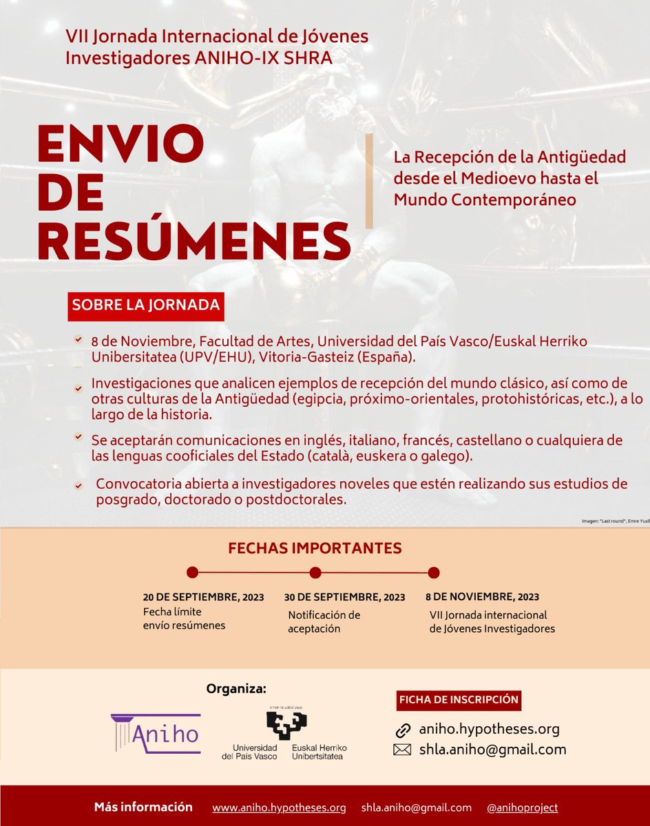 📣 CONVOCATORIA 📣

¡Una vez más, celebraremos nuestras Jornadas de Jóvenes investigadores y recepción clásica, en Vitoria! Ya puedes enviar tu propuesta para participar, más info ⬇️ aniho.hypotheses.org/3409

#classicalreception