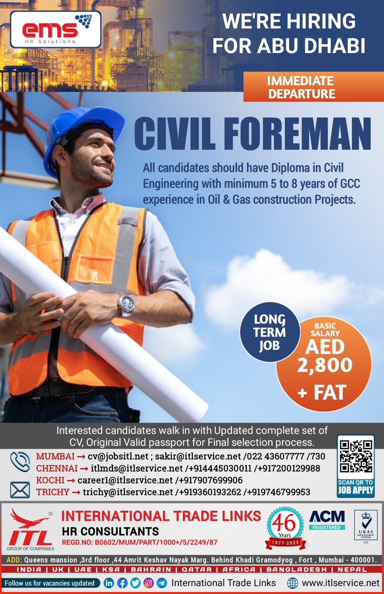 ItlJobs's tweet photo. JOB VACANCY FOR #abudhabi

Interested candidates, please send your updated CV on given emails

Learn more : https://t.co/L5a1jS36cU

ITL H.O Location : https://t.co/EUEGpvplAT

#civilforeman #civilconstruction #oilandgascompany #civilprojects #civilengineer #civil #foreman https://t.co/obyBaFHXnO