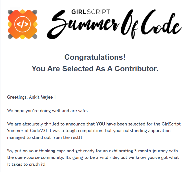 Ankit_Majee's tweet photo. Really excited to take part in GirlScript Summer of Code 2023 as Contributor.

Thank you @girlscriptsoc for conducting such an event 😍. https://t.co/2PJn094CbY