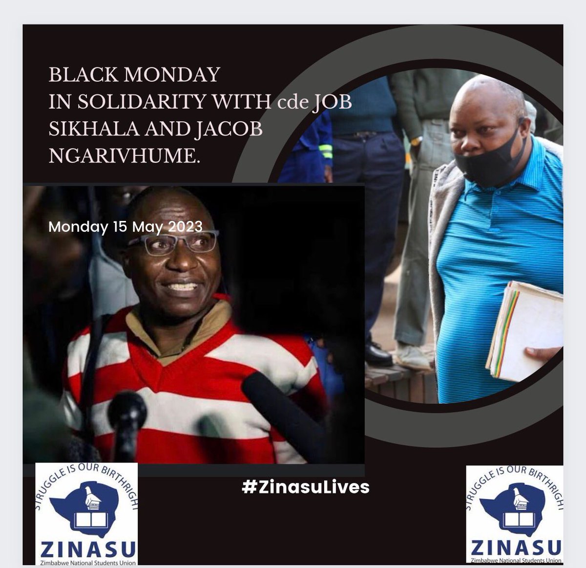 Black Monday 
'We must stand together united in solidarity against the targeting, demonization, and torture of activists '...LS 

📟Monday 15 May 
 An organized resistance against judicial capture 
#ZINASUlives #FreeWiwa #FreeNgarivhume