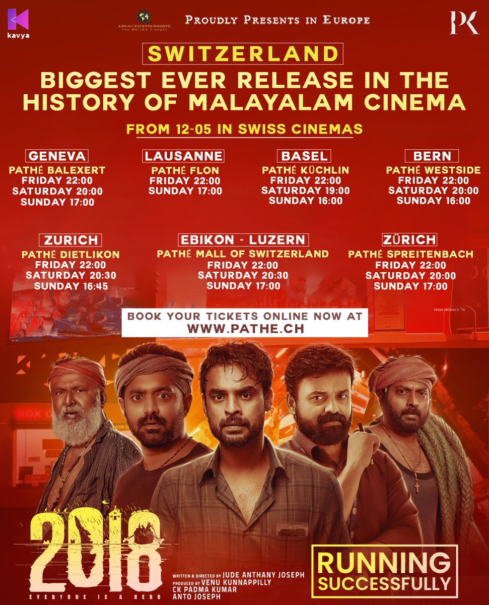 Biggest ever release in Switzerland🇨🇭 for #2018Movie
✨First time ever in history of Malayalam Cinema✨ ( in the German, French and Italian areas of Swiss). 
@FilmsRft @FilmsRft @AbGeorge_ @JaseelMhd_GOAT @ttovino @SSTweeps @Forumkeralam1 @MalayalamReview