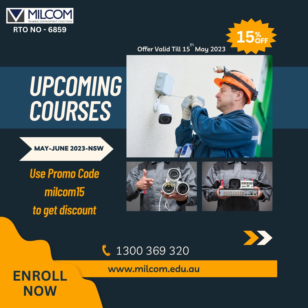 MilcomAustralia's tweet photo. Get 15% Off on Upcoming Courses from May-June 2023-NSW
Use Promo Code milcom15 to Get a Discount
Offer valid till 15th May 2023 
- https://t.co/MrIlgVG3Ed https://t.co/63IP2BlGuG