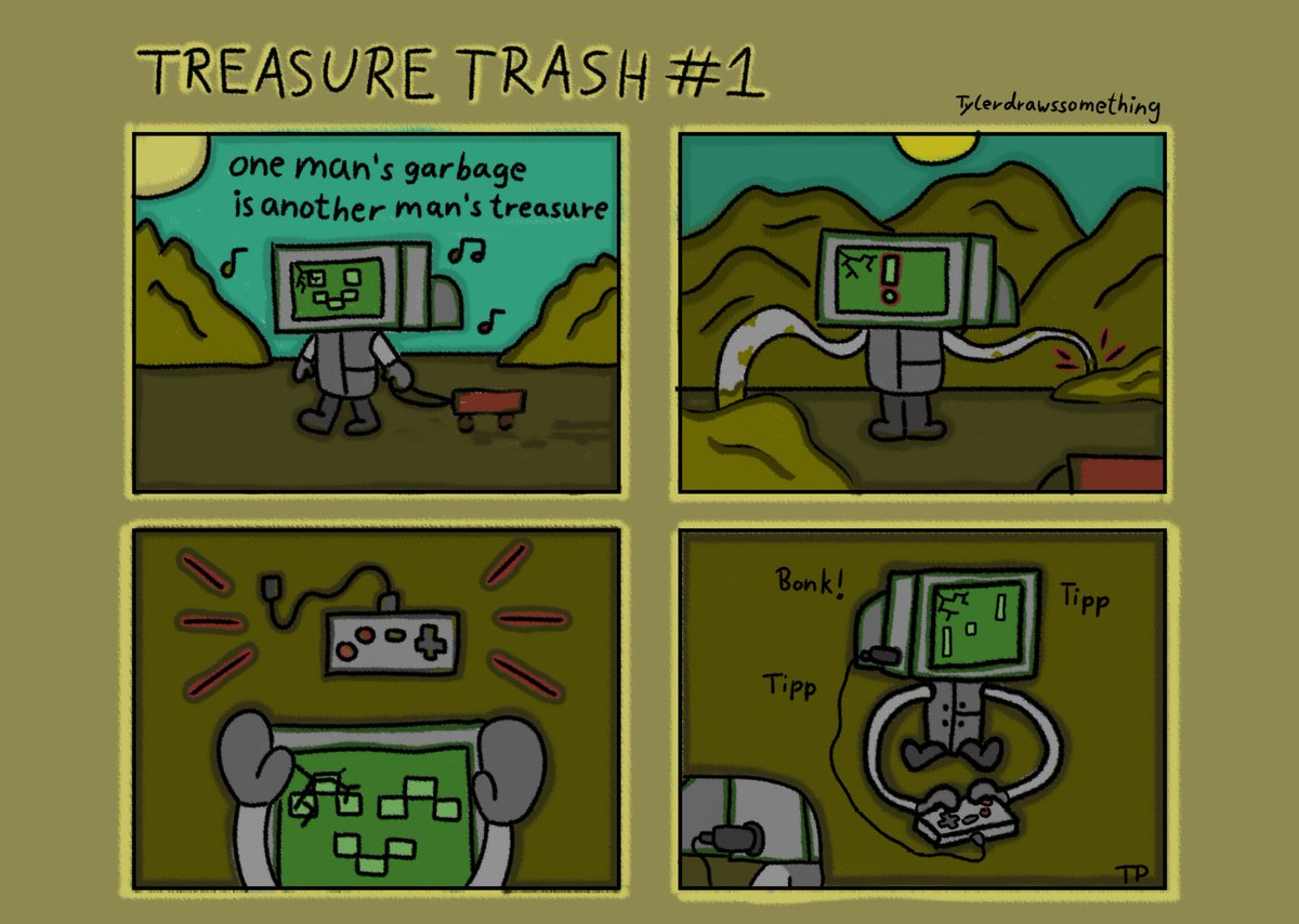 TylerPilz's tweet photo. Little Comic: Treasure Trash #1 - Bonk! 🖥️

#webcomics #oc #cartoondrawing #cartoon #comicstrip #webtoon #robot #trash #controller #myowncomic #illustration https://t.co/jGqel8BFHI